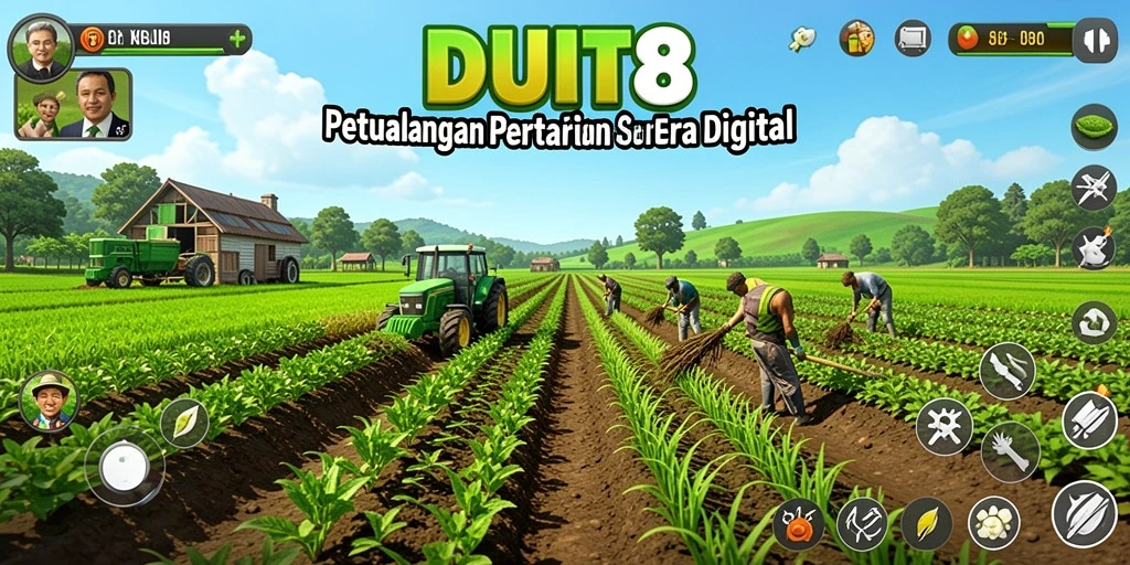 Screenshot gameplay DUIT8 menampilkan ladang yang subur dan beragam tanaman.