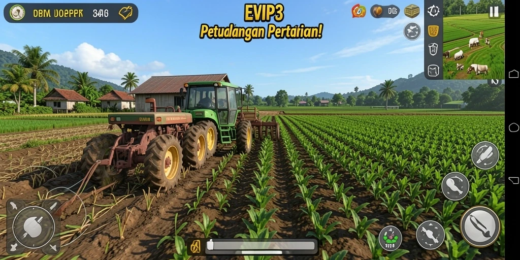 Tampilan screenshot utama dari gameplay <strong>EVIP3</strong> yang menunjukkan suasana kebun yang indah.