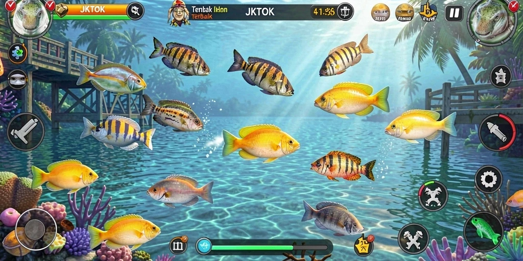 Tampilan gameplay JKTOK dengan aksi menembak ikan yang seru.