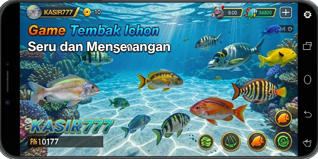 Tampilan gameplay KASIR777 saat menangkap ikan dengan senjata.