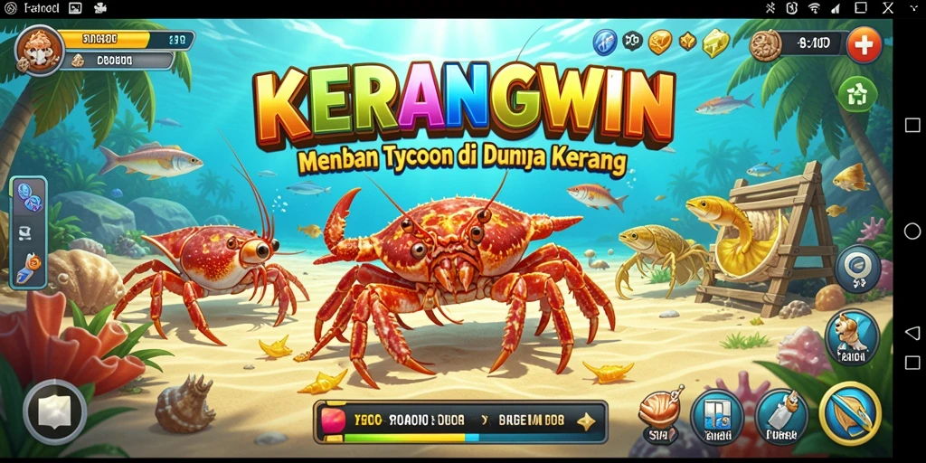 Screenshot menampilkan gameplay KERANGWIN dengan aktivitas mengelola bisnis kerang.