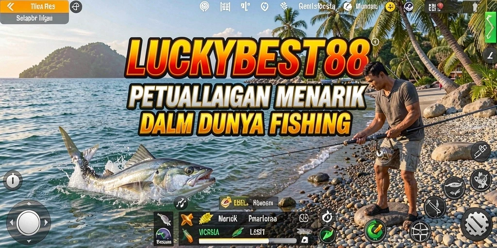 Screenshot gameplay LUCKYBEST88 menunjukkan aksi memancing yang menggembirakan di laut.