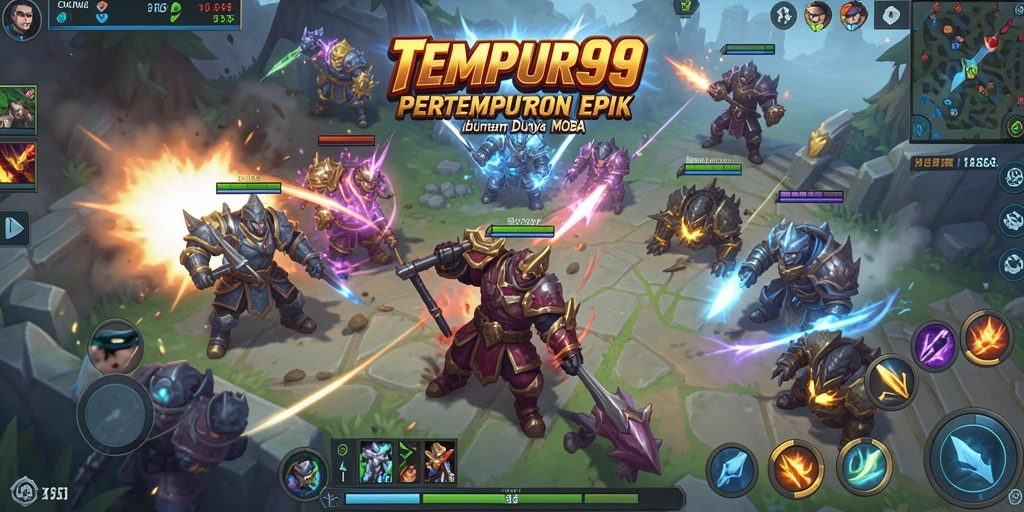 Screenshot menampilkan pertarungan seru dalam game TEMPUR99 MOBA.