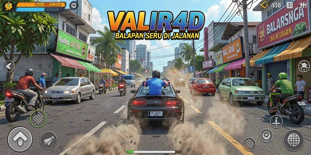 Screenshot utama VALIR4D menunjukkan balapan seru di trek menantang.